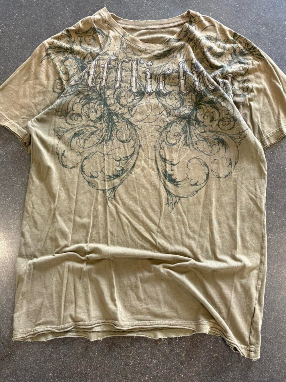 Affliction Olive Graphic Short Sleeve Tee with Dark Scrollwork